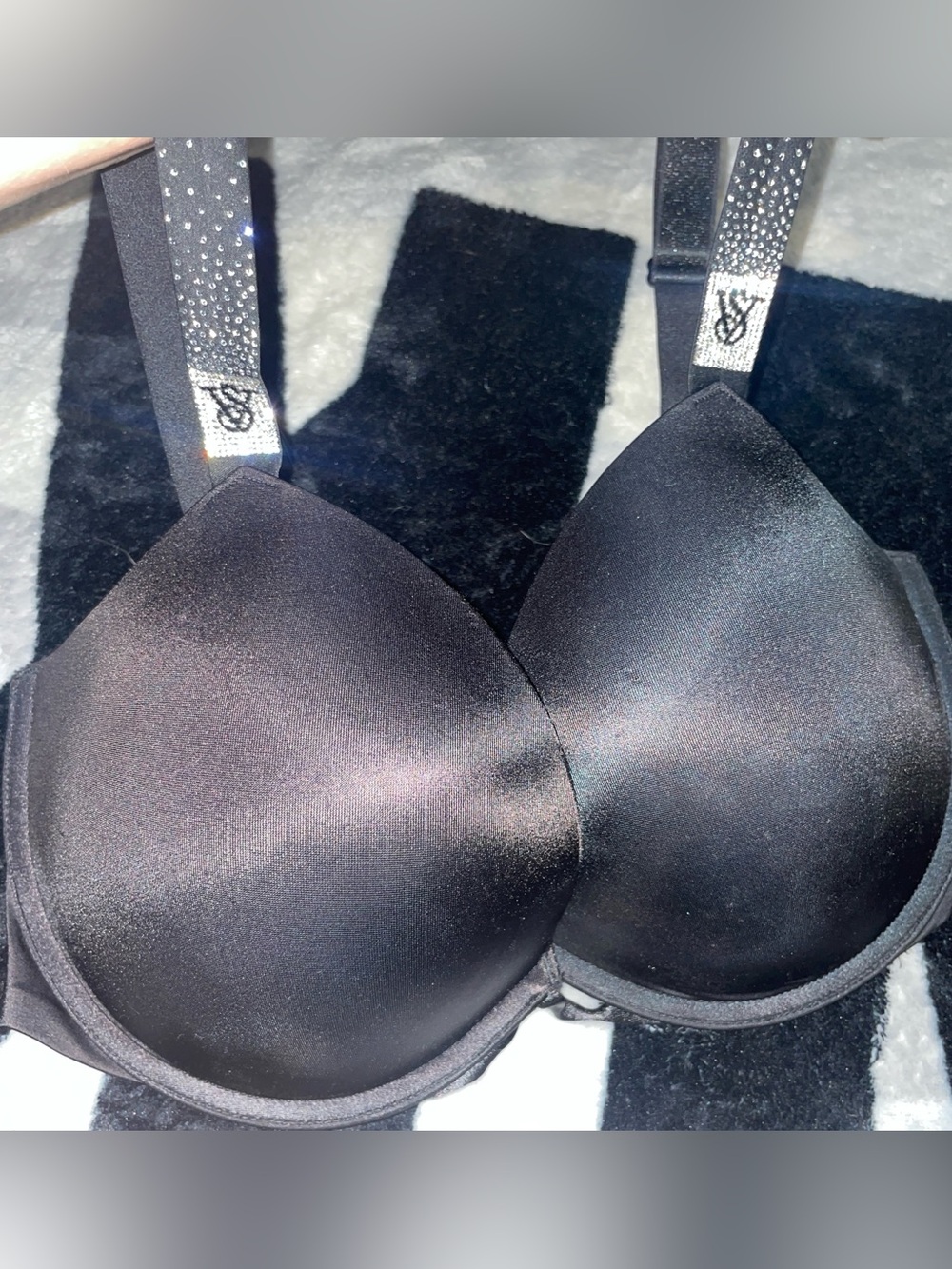 Victoria's Secret Black Satin Padded Bra with Rhinestone Logo Straps Size-34DDD